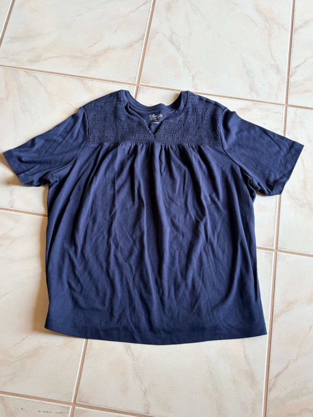 Women’s Navy Short-Sleeve Smocked Yoke Blouse
